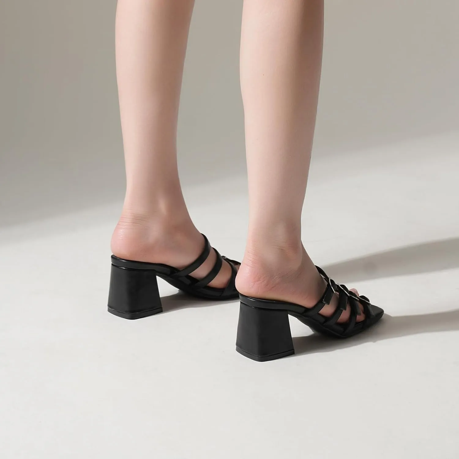 Women's Square Toe Sandals with Adjustable Multi-Strap - Slip On Mule Chunky Block Heel Summer Casual Footwear