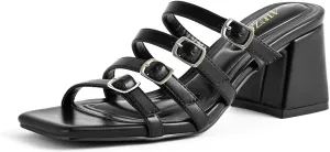 Women's Square Toe Sandals with Adjustable Multi-Strap - Slip On Mule Chunky Block Heel Summer Casual Footwear