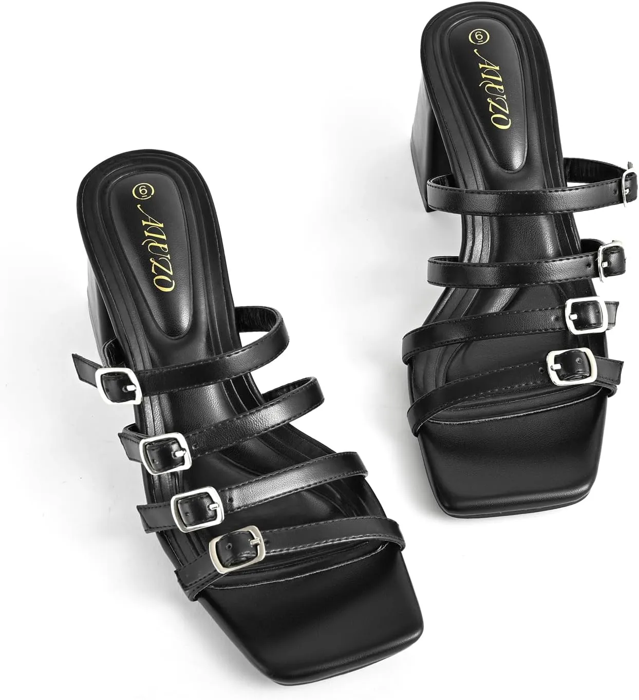 Women's Square Toe Sandals with Adjustable Multi-Strap - Slip On Mule Chunky Block Heel Summer Casual Footwear