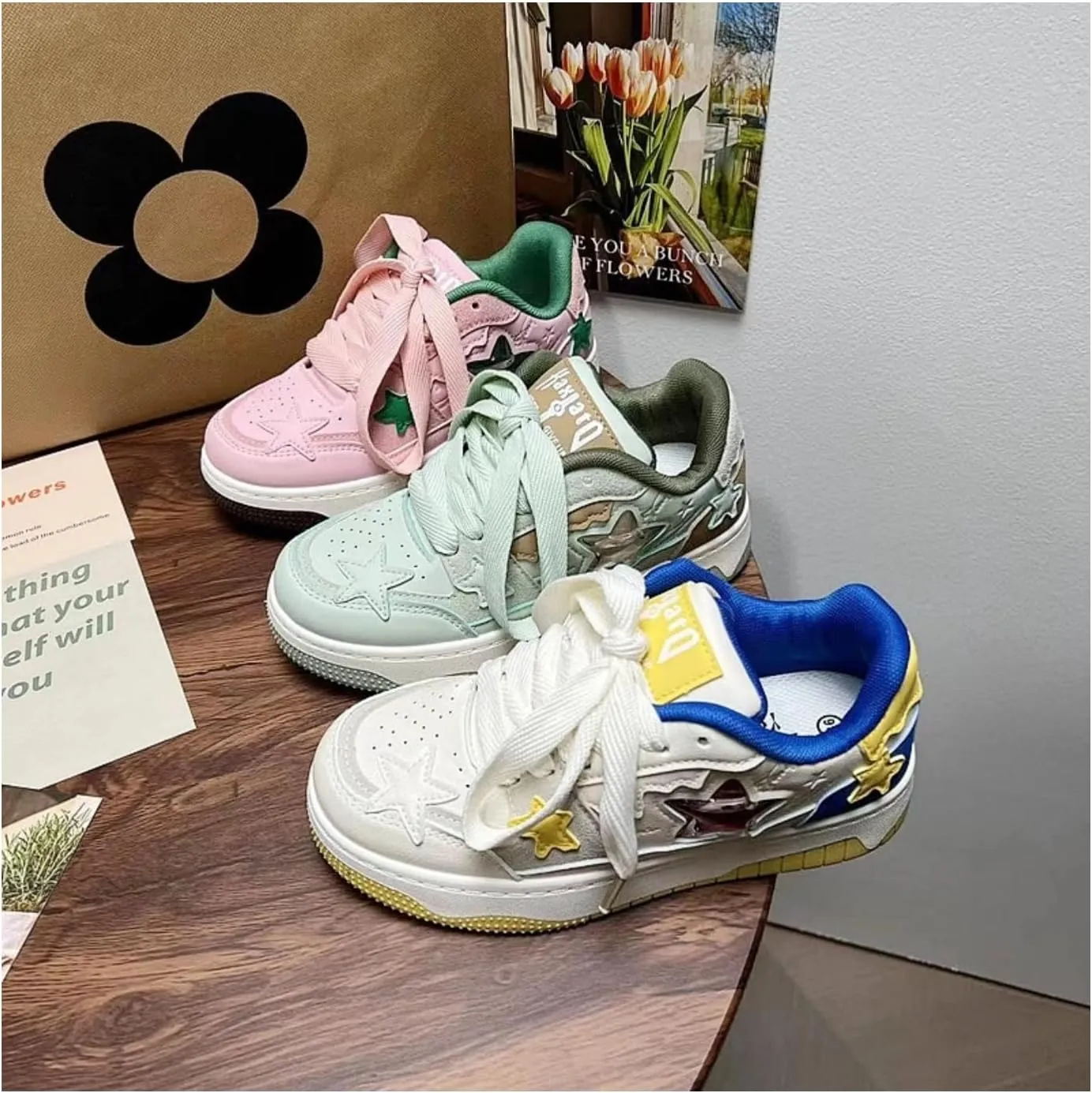 Women's Star Chunky Sneakers Y2k Aesthetic Cute Unique Comfort Casual Walking Creamy Stylish Platform Shoes for Sports