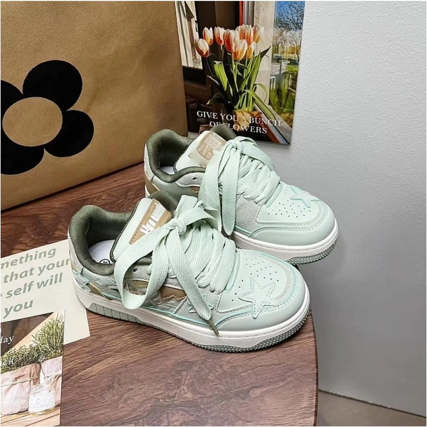 Women's Star Chunky Sneakers Y2k Aesthetic Cute Unique Comfort Casual Walking Creamy Stylish Platform Shoes for Sports