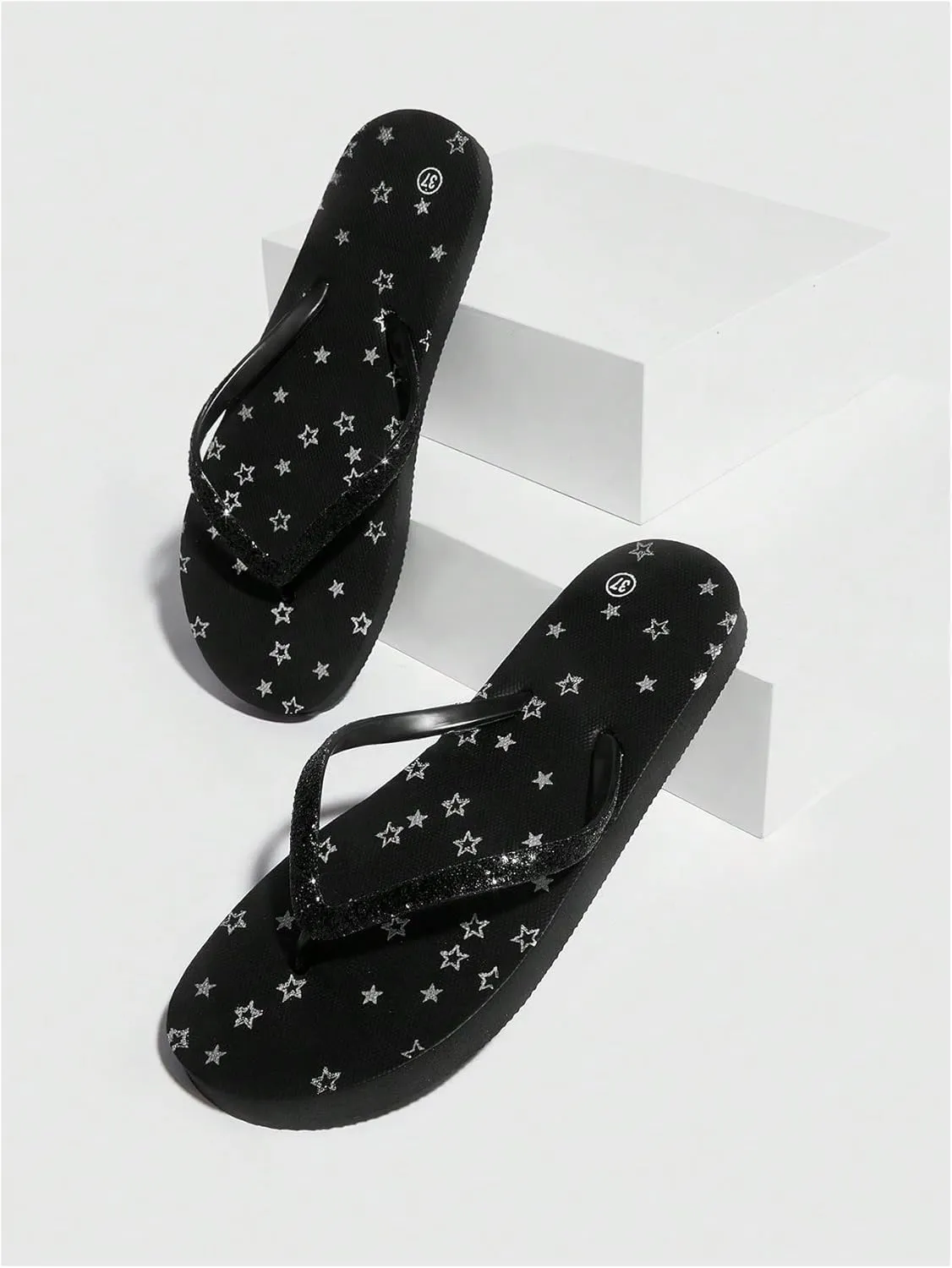 Women's Star Graphic Glitter Flip Flops Holiday Flats Slippers Fashion Summer Thong Sandals