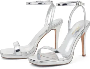 Women’s Stiletto Strappy Heeled Sandals, 4.3 Inch Square Open Toe Sexy High Heels Ankle Strap Buckle Heels for Party Wedding Dress Daily Wear Shoes
