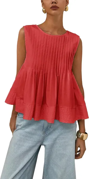 Womens Summer Pleated Peplum Sleeveless Blouse Tank Tops Round Neck Y2K Babydoll Blouse Shirt