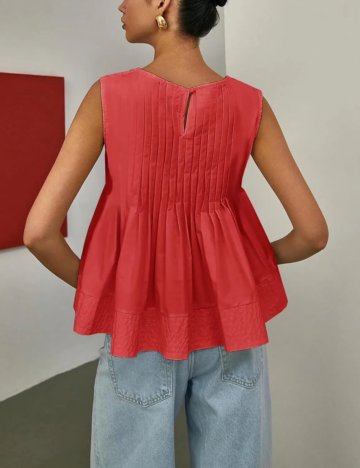 Womens Summer Pleated Peplum Sleeveless Blouse Tank Tops Round Neck Y2K Babydoll Blouse Shirt