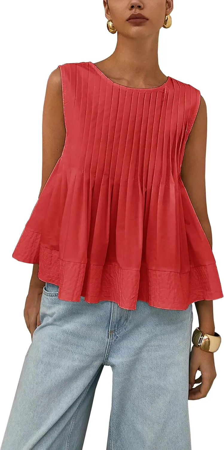 Womens Summer Pleated Peplum Sleeveless Blouse Tank Tops Round Neck Y2K Babydoll Blouse Shirt