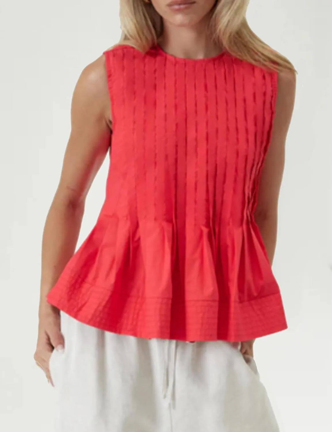 Womens Summer Pleated Peplum Sleeveless Blouse Tank Tops Round Neck Y2K Babydoll Blouse Shirt
