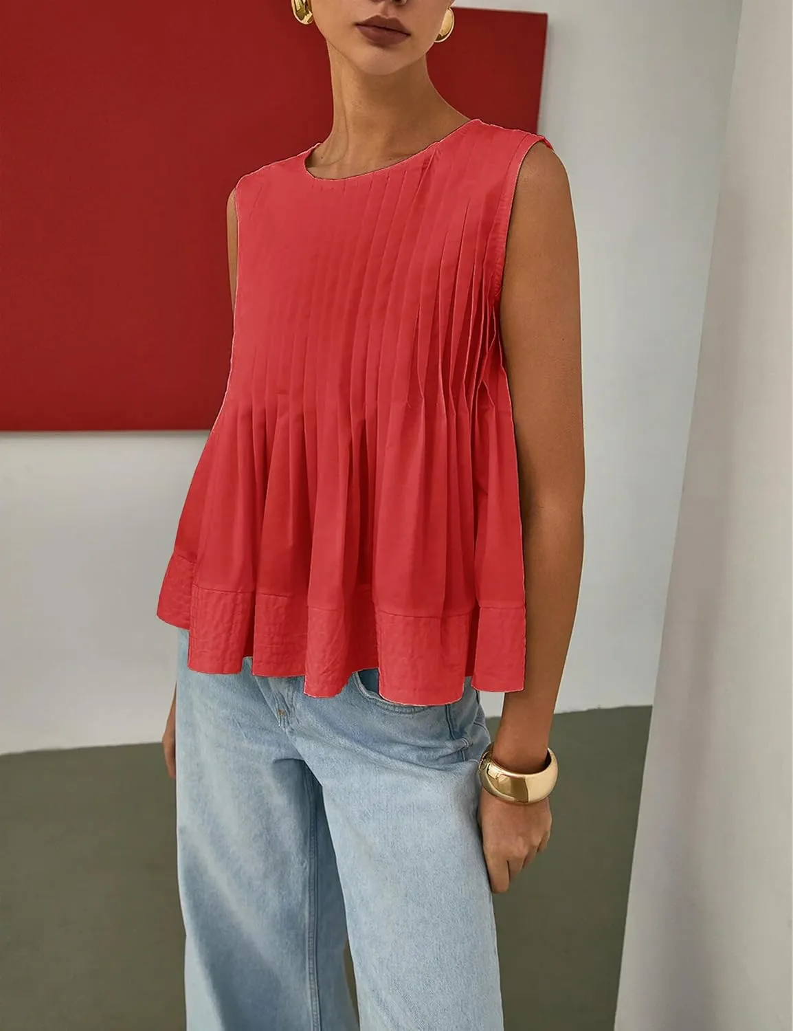 Womens Summer Pleated Peplum Sleeveless Blouse Tank Tops Round Neck Y2K Babydoll Blouse Shirt