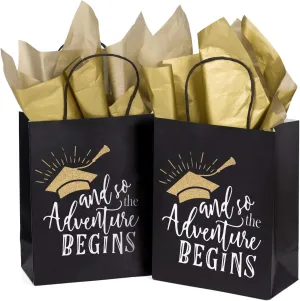 WRAPAHOLIC Medium Size Gift Bags - 12 Pack and So the Adventure Begins Graduation Class of 2024 Black and Gold Paper Bags with Gold Tissue Paper for Grad Celebrating, Party - 8" x 4" x 10"