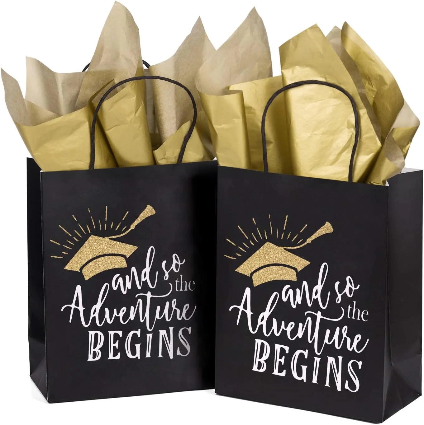 WRAPAHOLIC Medium Size Gift Bags - 12 Pack and So the Adventure Begins Graduation Class of 2024 Black and Gold Paper Bags with Gold Tissue Paper for Grad Celebrating, Party - 8" x 4" x 10"
