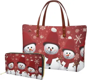 Xhuibop Christmas Snowflake Snowman Womens Handbags and Wallets 2 Pcs Leather Travel Wallet Shoulder Bag and Wallet Set Ladies Tote Bags for Work Purse with Pockets