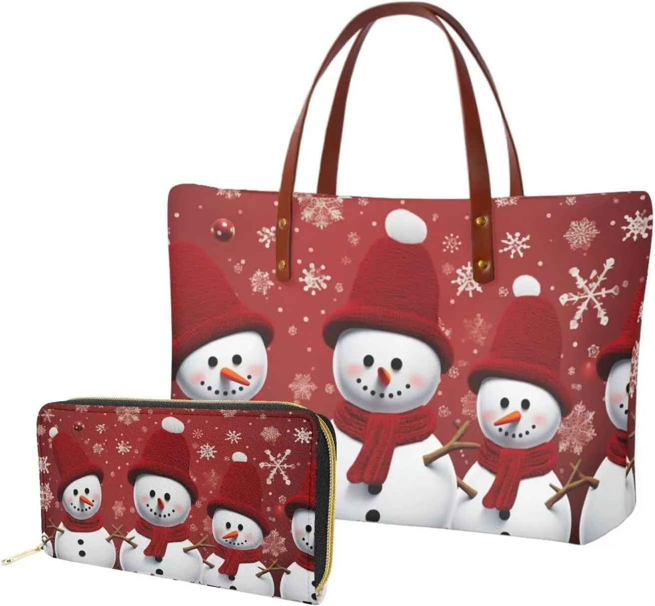 Xhuibop Christmas Snowflake Snowman Womens Handbags and Wallets 2 Pcs Leather Travel Wallet Shoulder Bag and Wallet Set Ladies Tote Bags for Work Purse with Pockets