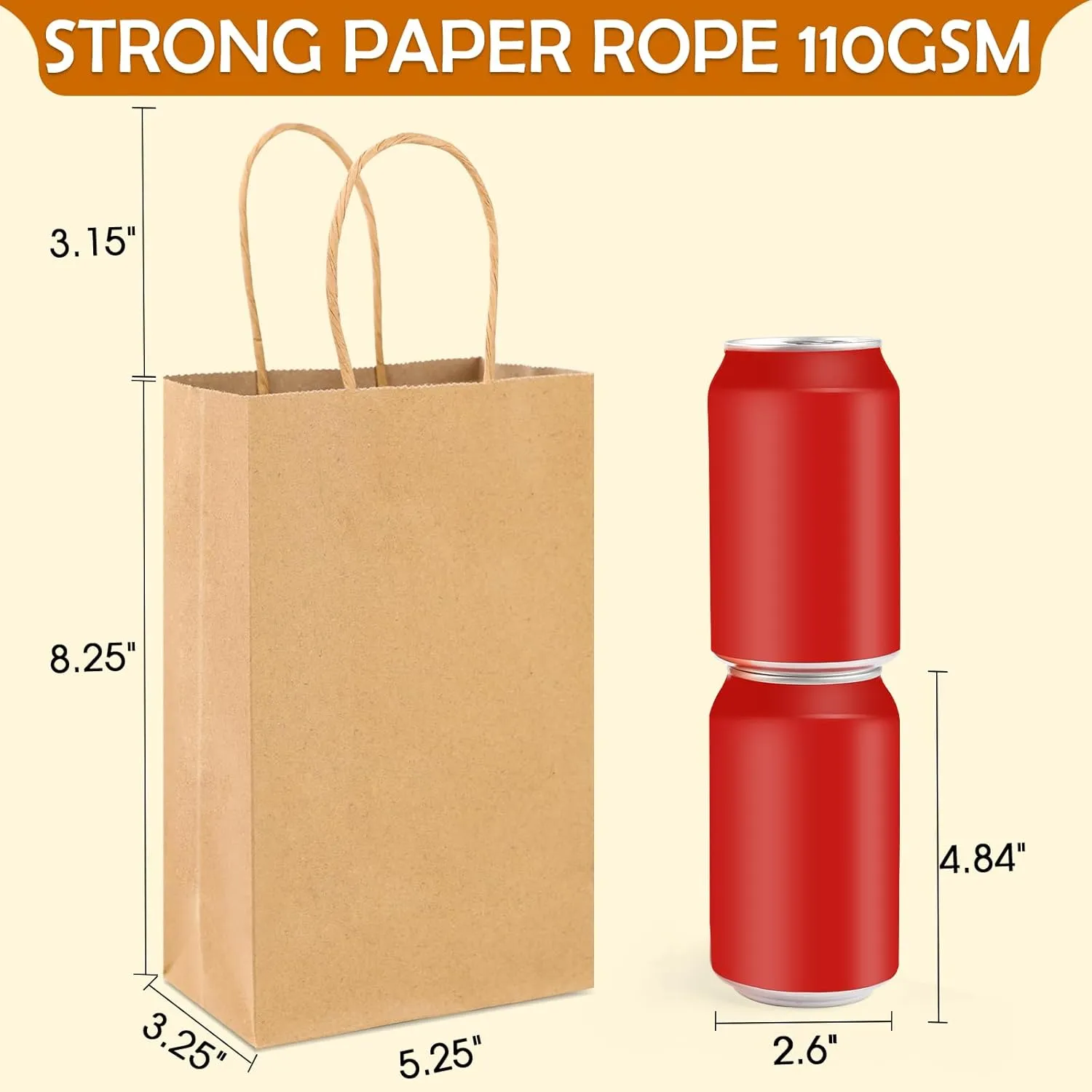 XPCARE 100 Pcs Small Kraft Paper Bags with Handles, Bulk Shopping Bags, 5.25x3.25x8.25'' Brown