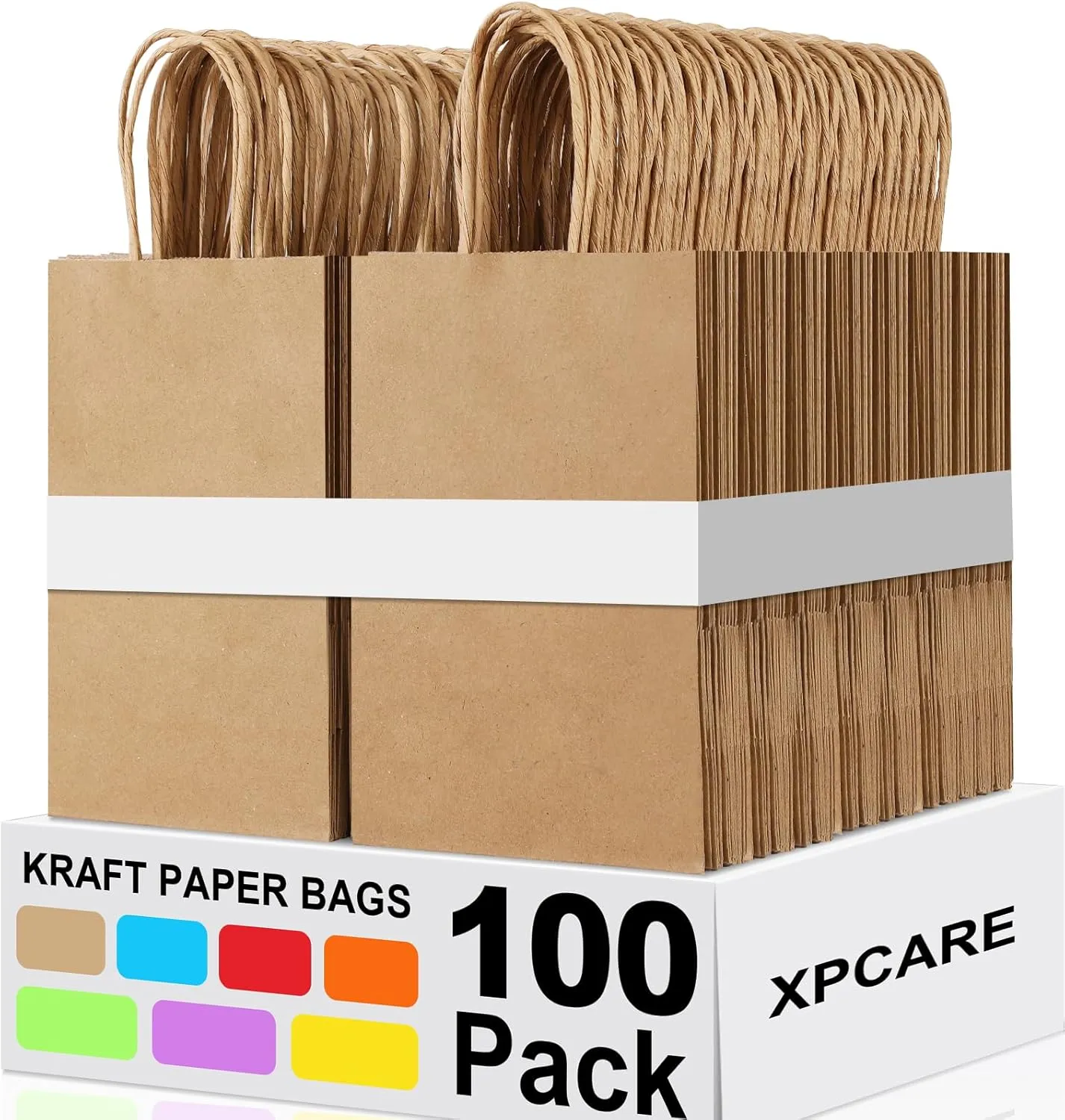 XPCARE 100 Pcs Small Kraft Paper Bags with Handles, Bulk Shopping Bags, 5.25x3.25x8.25'' Brown