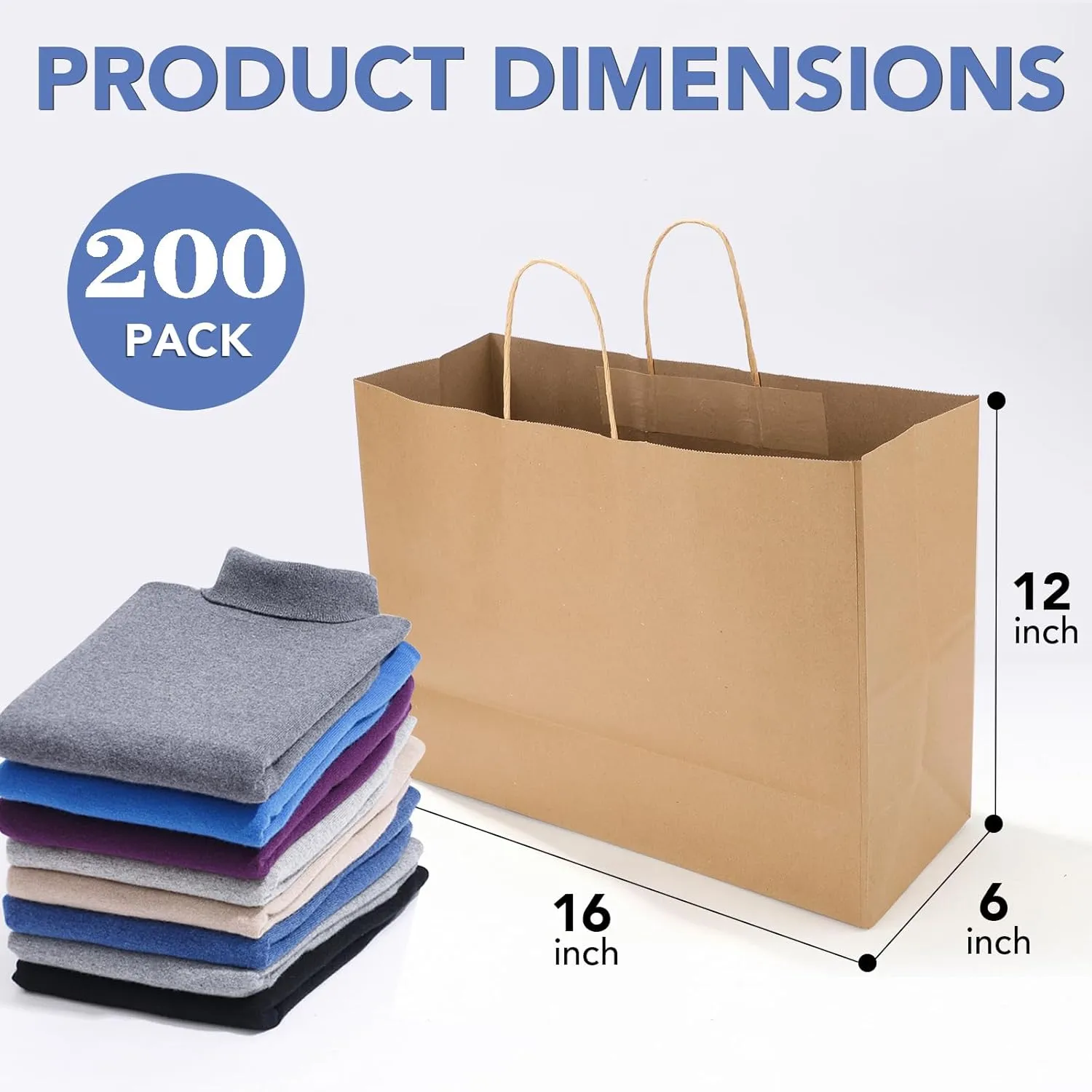 XPCARE 200Pack Large Paper Gift Bags with Handles Bulk,16x6x12 Inch Kraft Bag Packaging Brown Paper Bags for Birthday Party Boutiques Business Retail Stores Merchandise