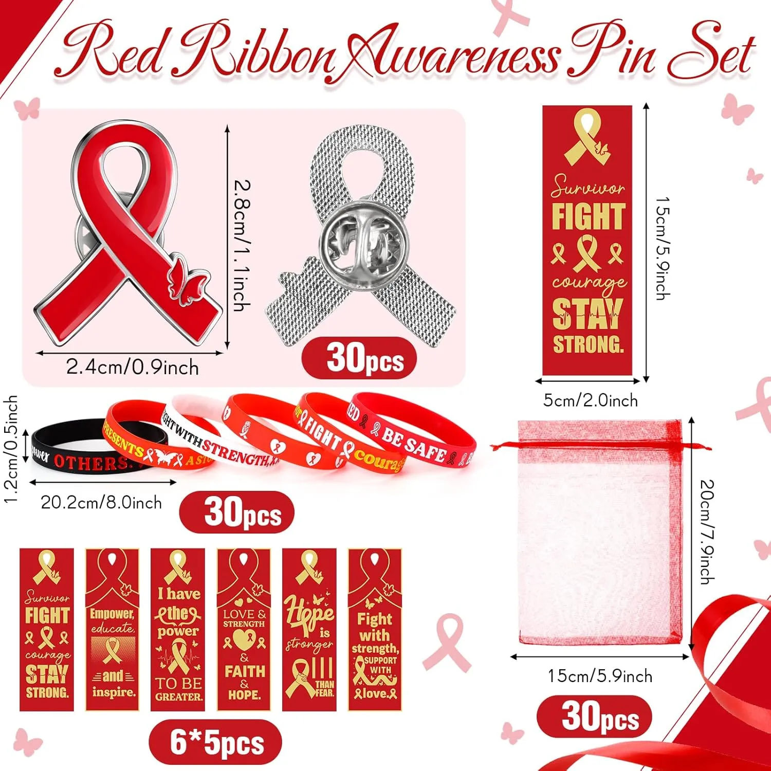 XunYee 120 Pcs Heart Health Awareness Silicone Wristband Bracelets with Red Ribbon Awareness Pins Bookmarks Heart Disease Cancer Awareness Supplies Bulk for Men Women Charity Events Gifts (Red)