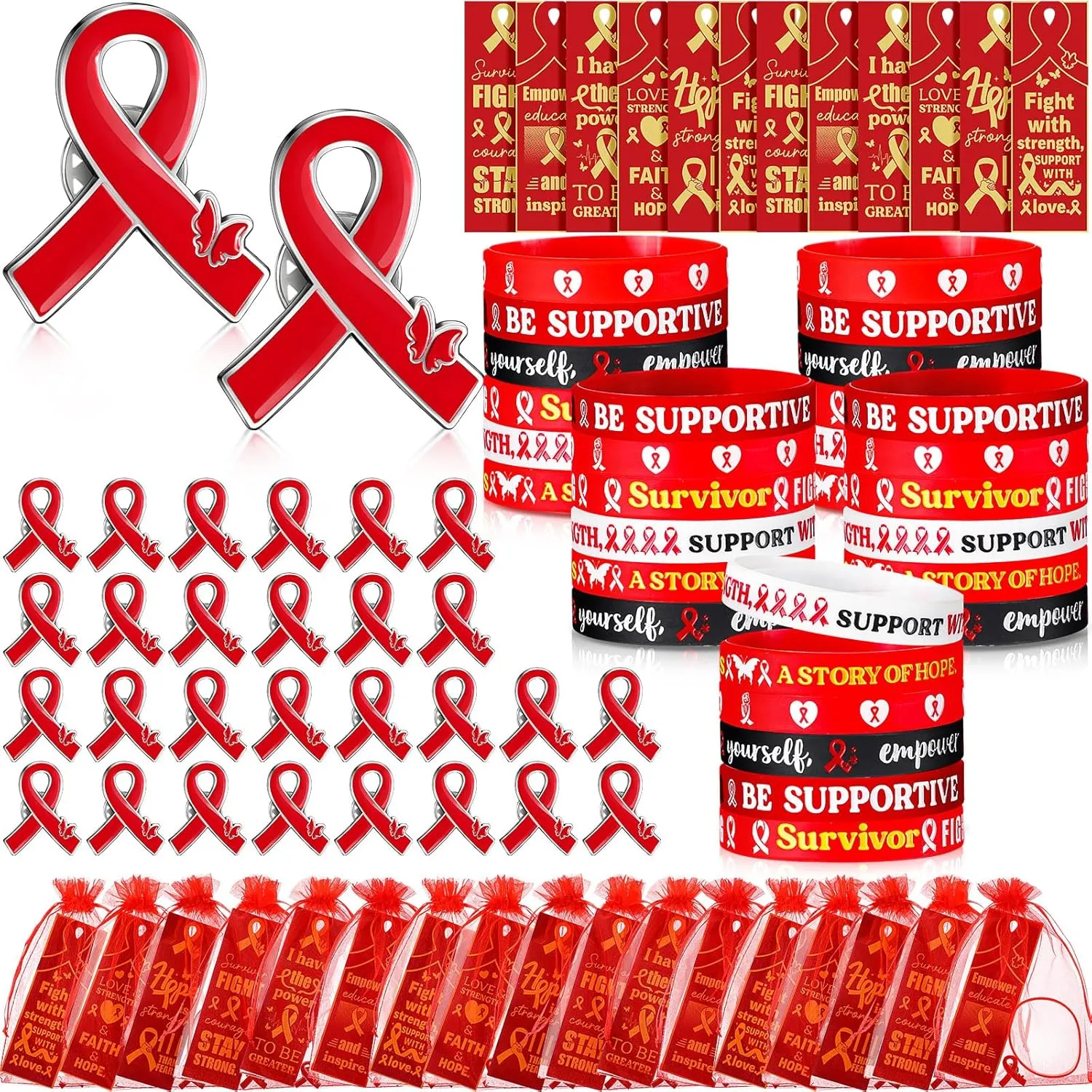 XunYee 120 Pcs Heart Health Awareness Silicone Wristband Bracelets with Red Ribbon Awareness Pins Bookmarks Heart Disease Cancer Awareness Supplies Bulk for Men Women Charity Events Gifts (Red)