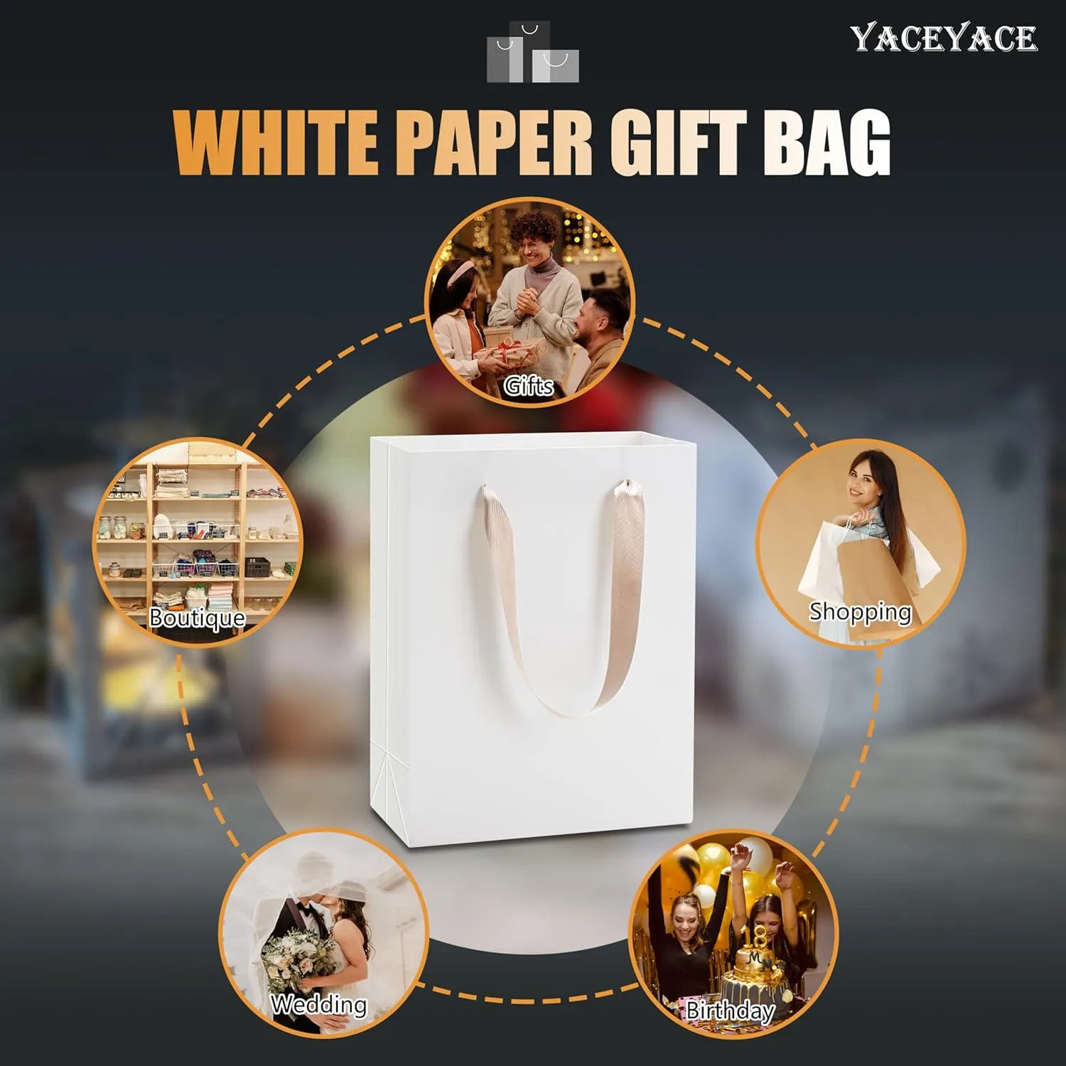 YACEYACE White Paper Gift Bags with Ribbon Handles - Bulk, 10pcs, 8x4.25x10.5in - Wedding & Birthday Party Bags
