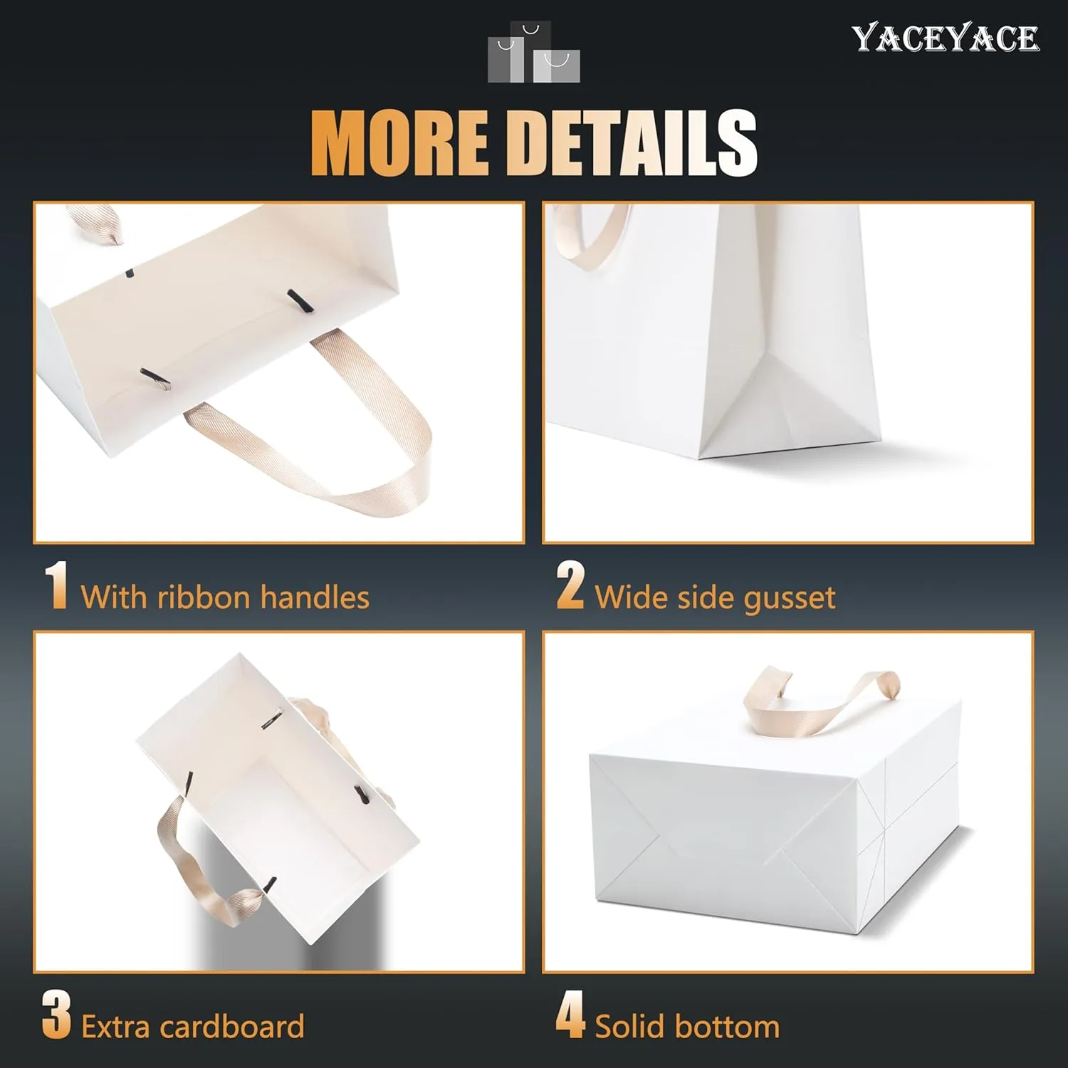 YACEYACE White Paper Gift Bags with Ribbon Handles - Bulk, 10pcs, 8x4.25x10.5in - Wedding & Birthday Party Bags