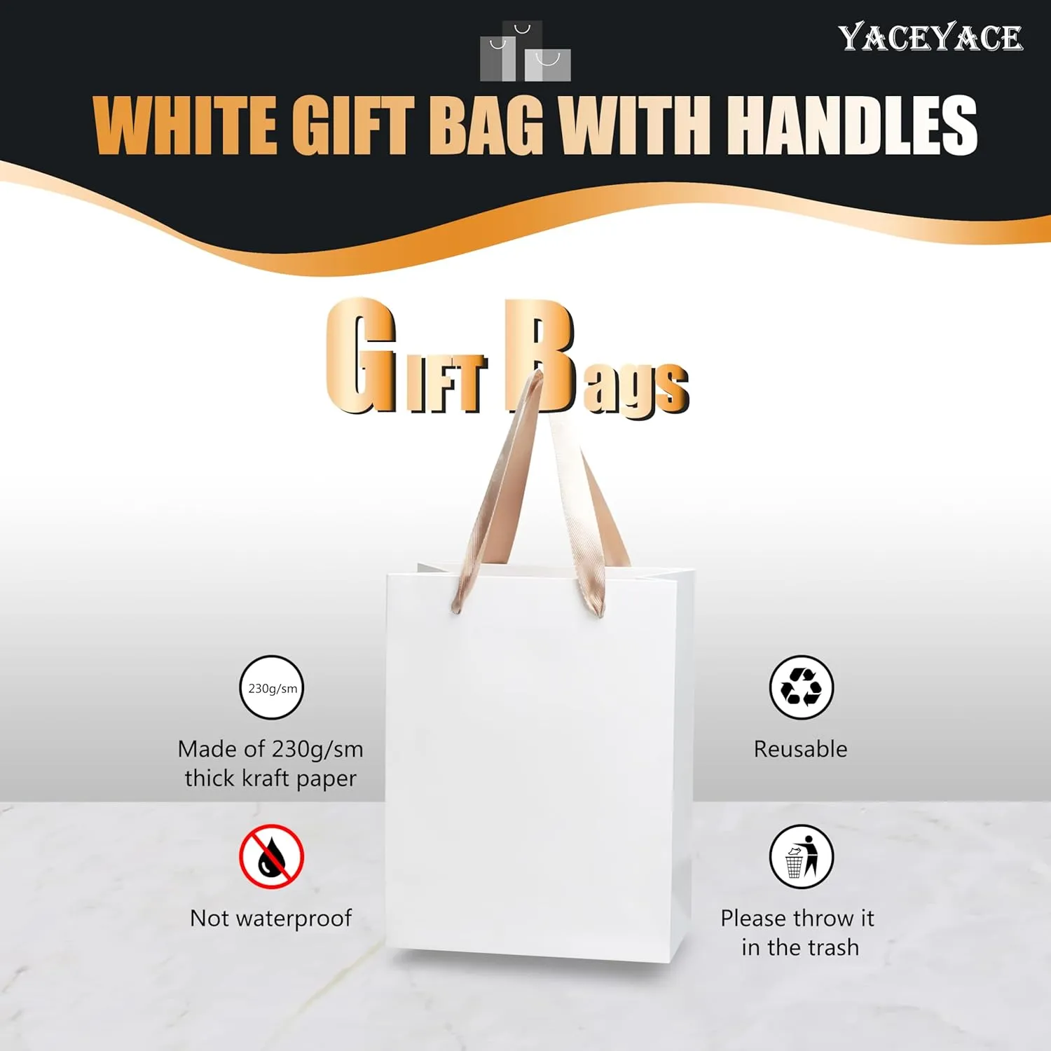 YACEYACE White Paper Gift Bags with Ribbon Handles - Bulk, 10pcs, 8x4.25x10.5in - Wedding & Birthday Party Bags