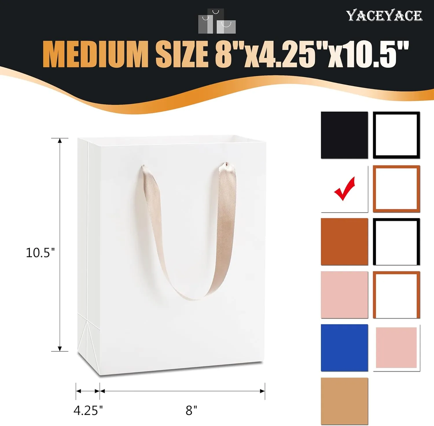 YACEYACE White Paper Gift Bags with Ribbon Handles - Bulk, 10pcs, 8x4.25x10.5in - Wedding & Birthday Party Bags