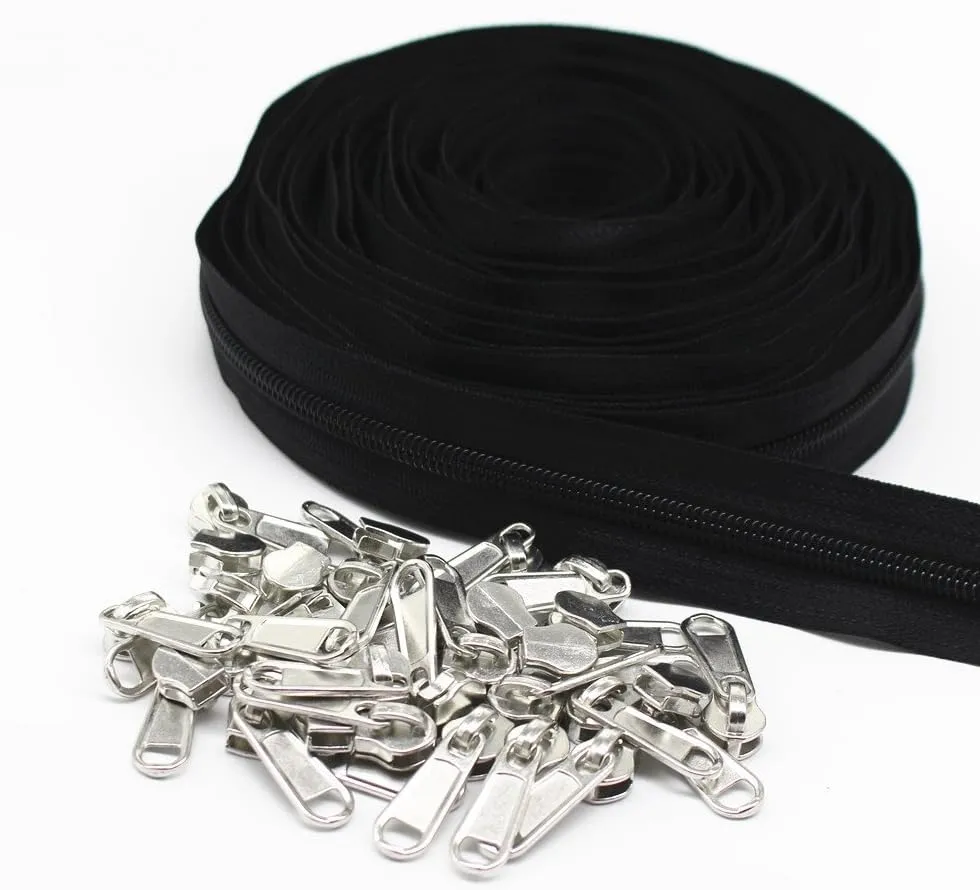 YaHoGa #5 Black Nylon Coil Zippers by The Yard Bulk 10 Yards with 25pcs Sliders for DIY Sewing Tailor Crafts Bags (#5 Black)
