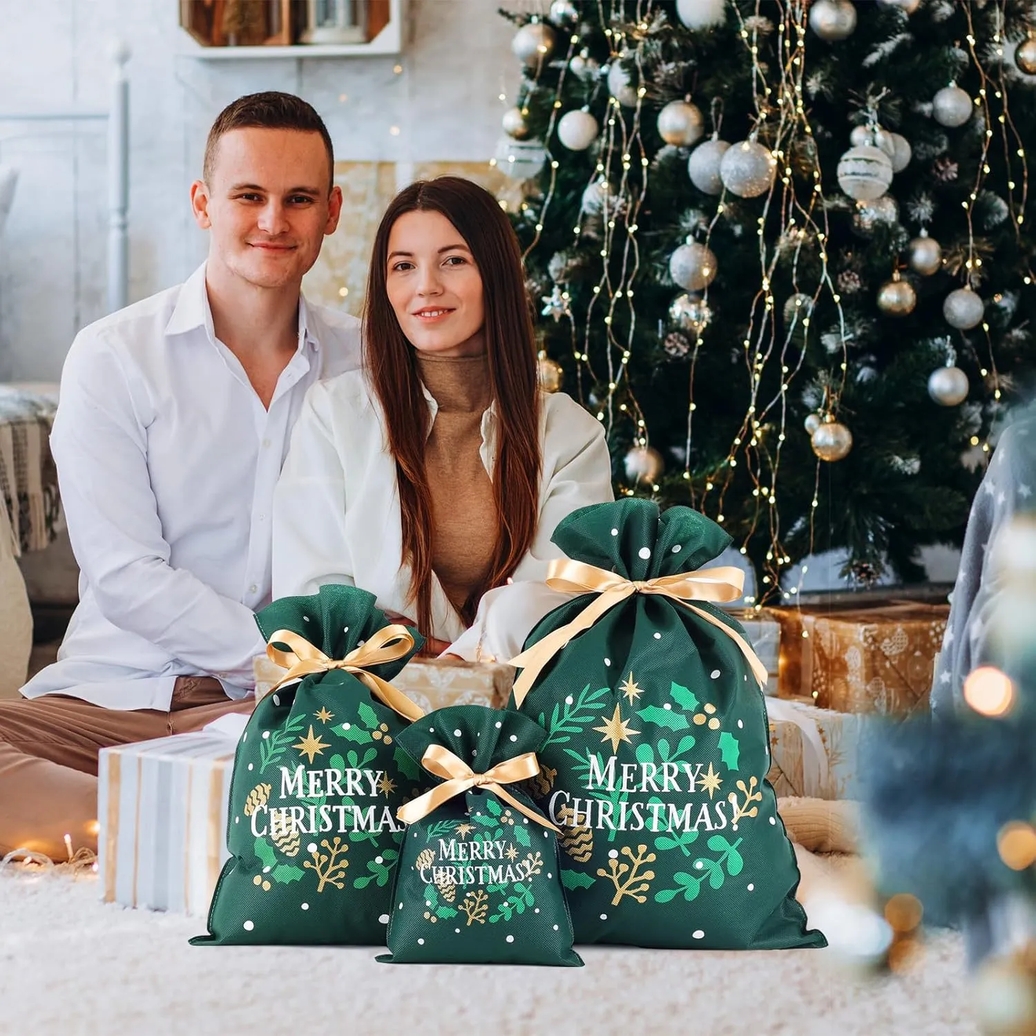 Yatinbos Green Drawstring Christmas Gift Bags Assortment of 6 - Eco-Friendly Fabric Wrapping Gifts Bags, Reusable