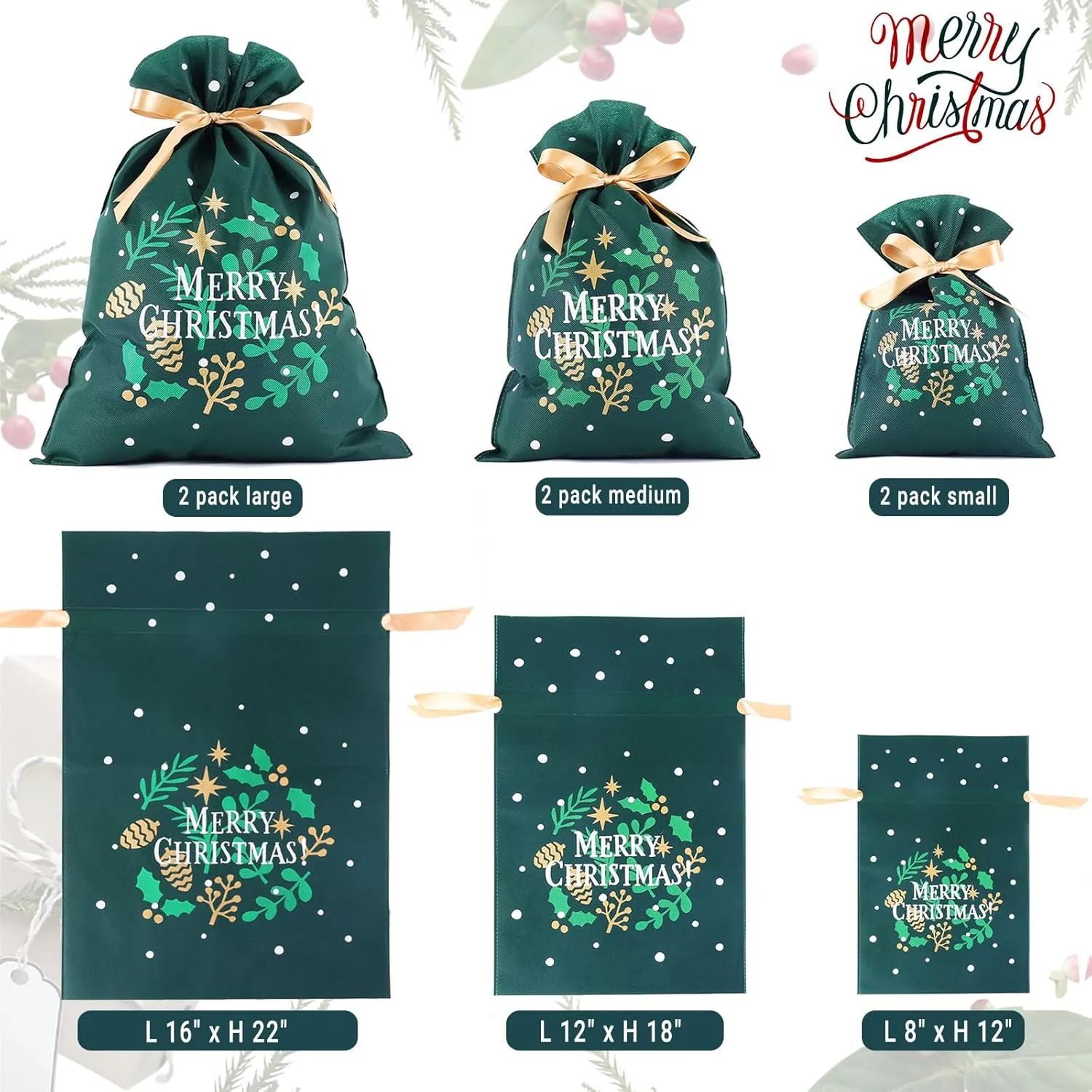 Yatinbos Green Drawstring Christmas Gift Bags Assortment of 6 - Eco-Friendly Fabric Wrapping Gifts Bags, Reusable
