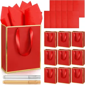 Yeaqee 10 Pack Metallic Paper Gift Bags with Handles Tissue Paper Thank You 5 Senses Gift Bags for Him Her Graduation Baby Shower Wedding Bridal Shower Groomsmen Favor 9 x 7 x 3.15''(Dark Red, Gold)