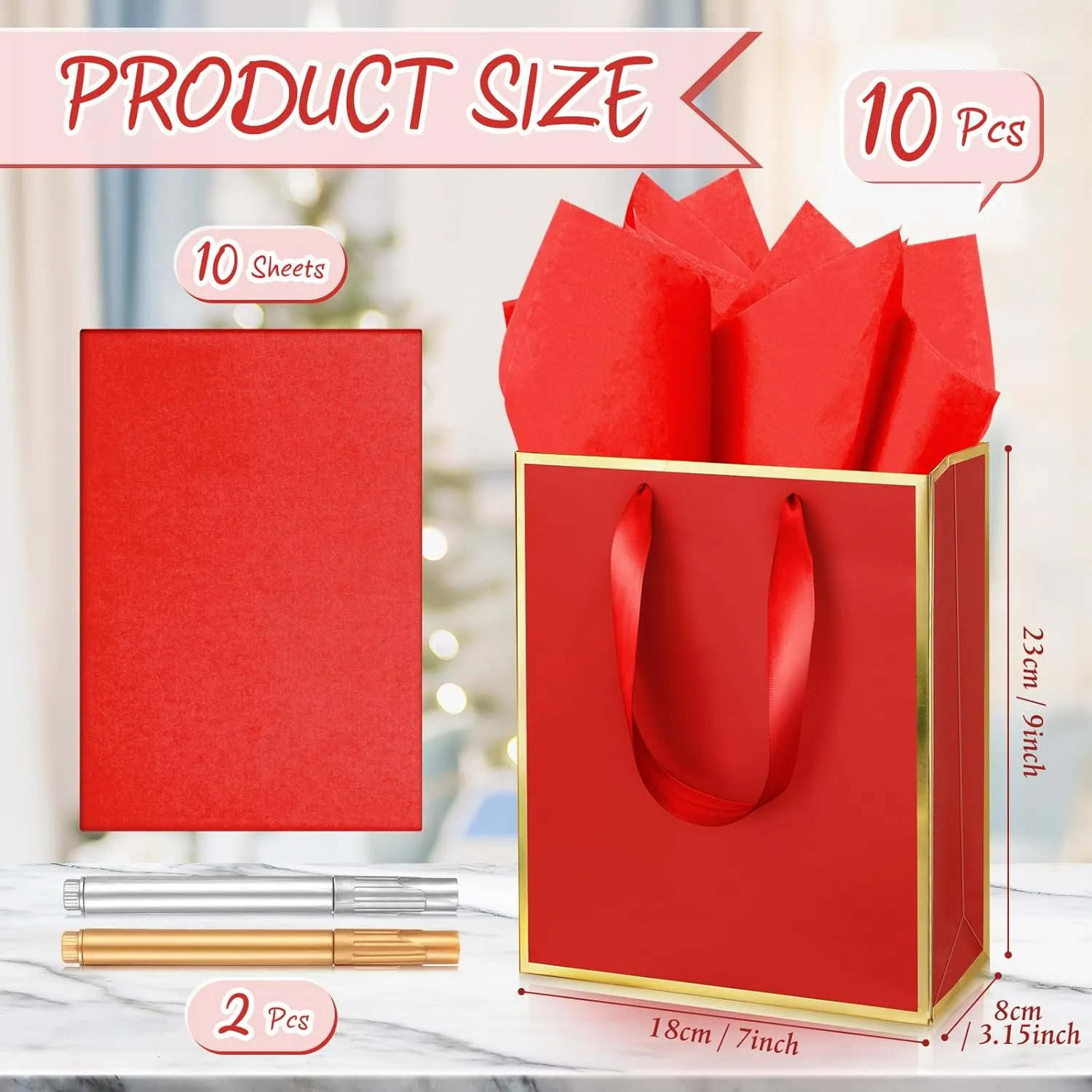 Yeaqee 10 Pack Metallic Paper Gift Bags with Handles Tissue Paper Thank You 5 Senses Gift Bags for Him Her Graduation Baby Shower Wedding Bridal Shower Groomsmen Favor 9 x 7 x 3.15''(Dark Red, Gold)