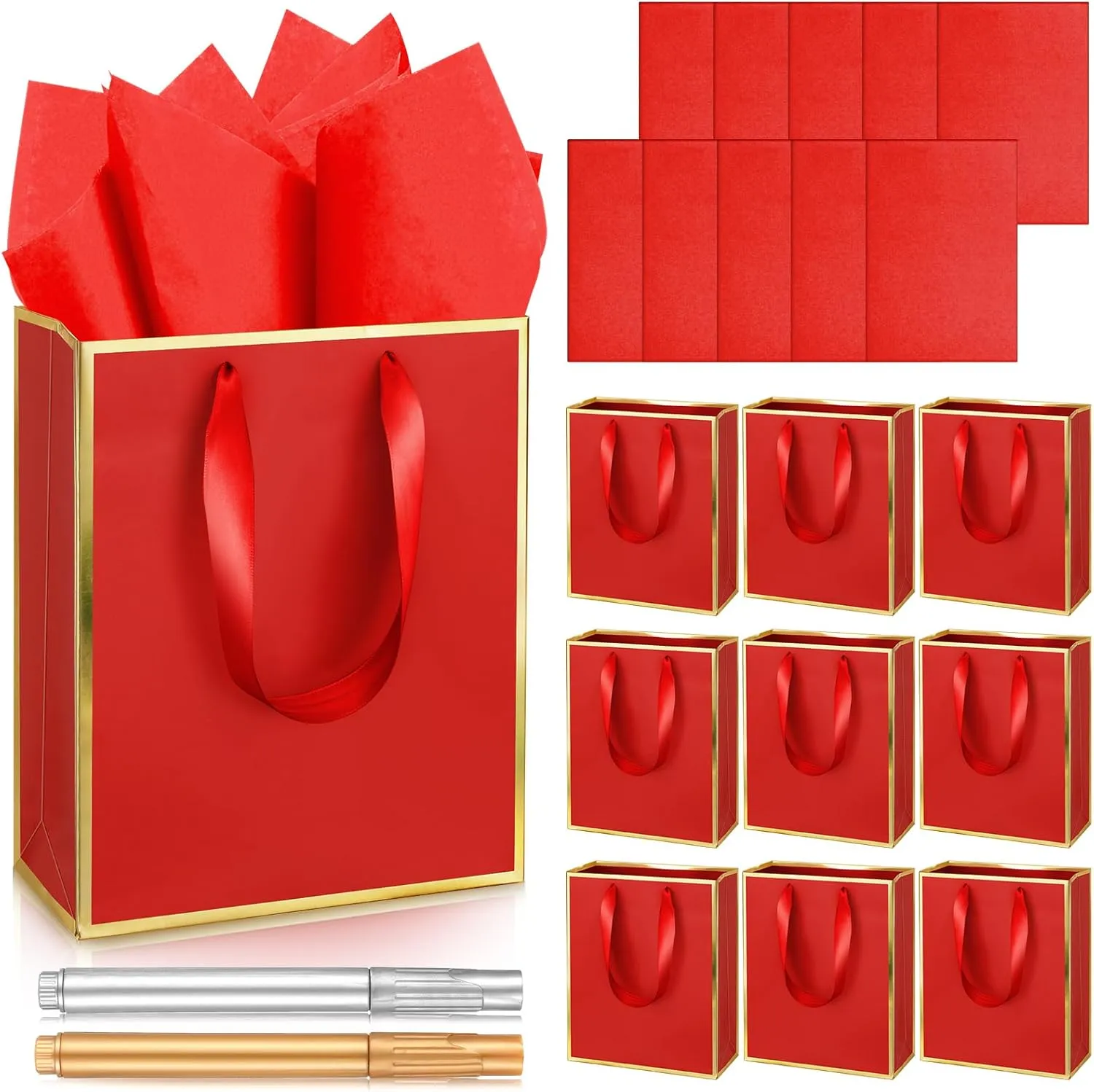 Yeaqee 10 Pack Metallic Paper Gift Bags with Handles Tissue Paper Thank You 5 Senses Gift Bags for Him Her Graduation Baby Shower Wedding Bridal Shower Groomsmen Favor 9 x 7 x 3.15''(Dark Red, Gold)