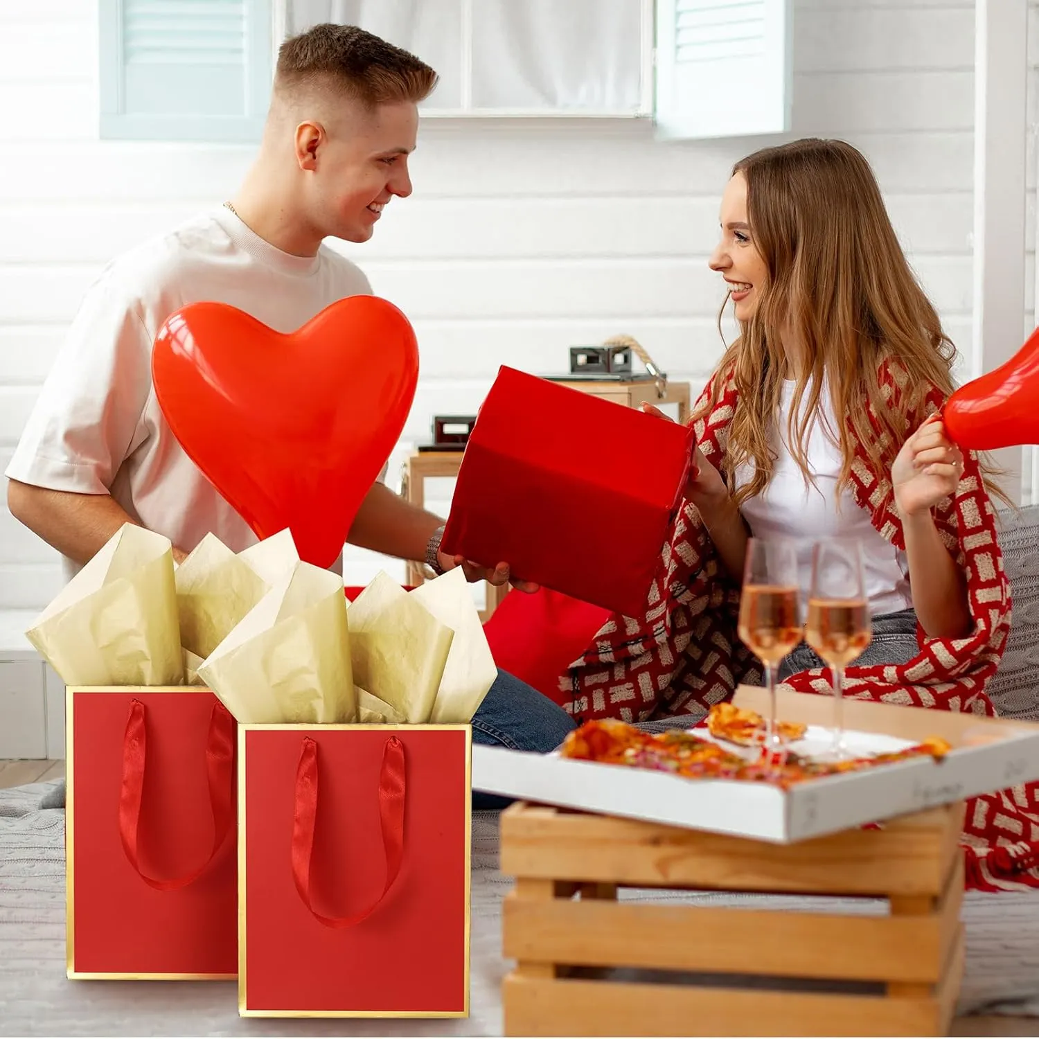 Yeaqee 24 Pack Metallic Paper Gift Bags with Handle and Tissue 9x7x3.1 Welcome Gift Thank You Bags for Wedding Bridal Shower Groomsmen Holidays Birthday Party(Red Gold)