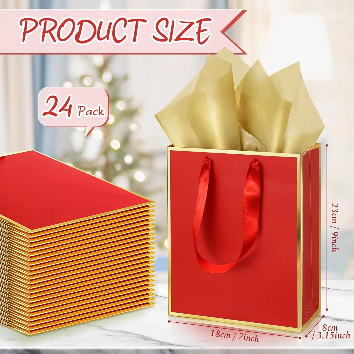Yeaqee 24 Pack Metallic Paper Gift Bags with Handle and Tissue 9x7x3.1 Welcome Gift Thank You Bags for Wedding Bridal Shower Groomsmen Holidays Birthday Party(Red Gold)