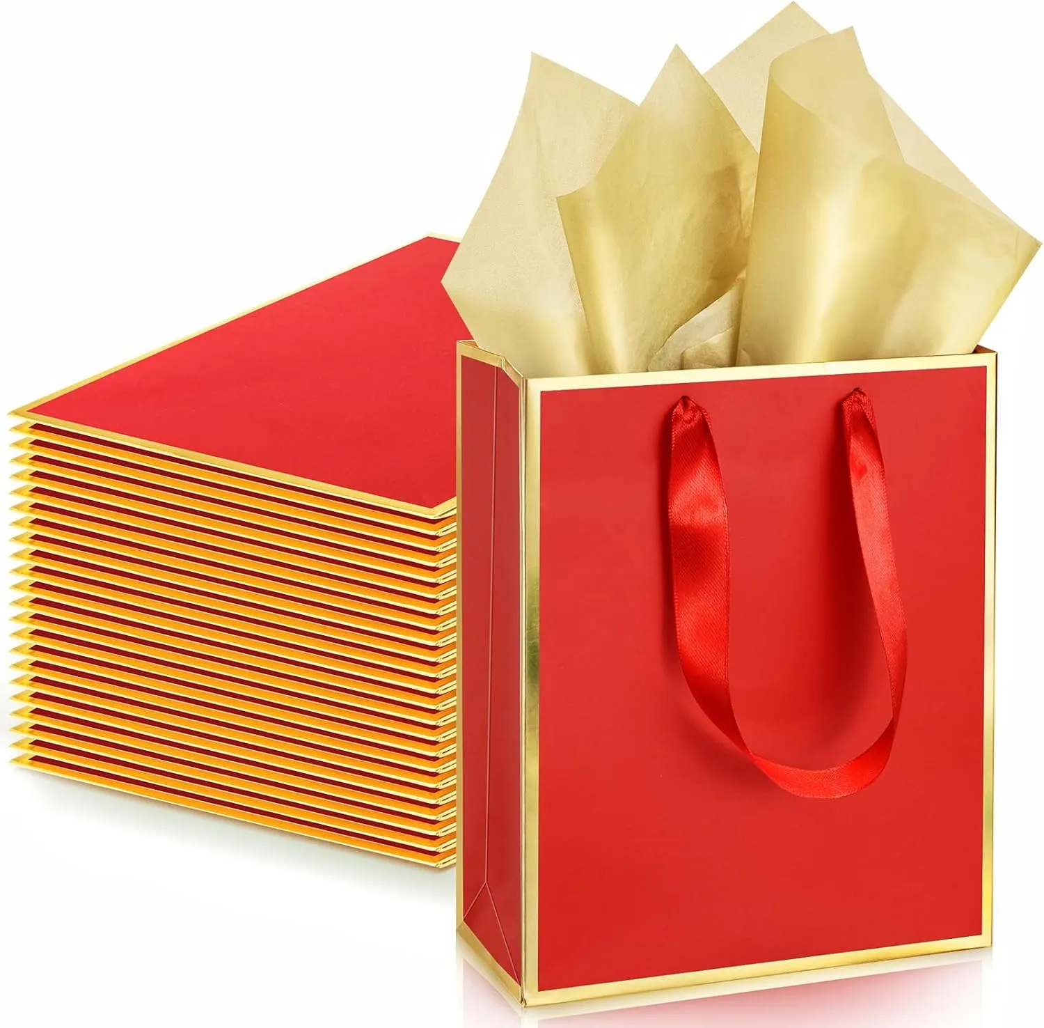 Yeaqee 24 Pack Metallic Paper Gift Bags with Handle and Tissue 9x7x3.1 Welcome Gift Thank You Bags for Wedding Bridal Shower Groomsmen Holidays Birthday Party(Red Gold)