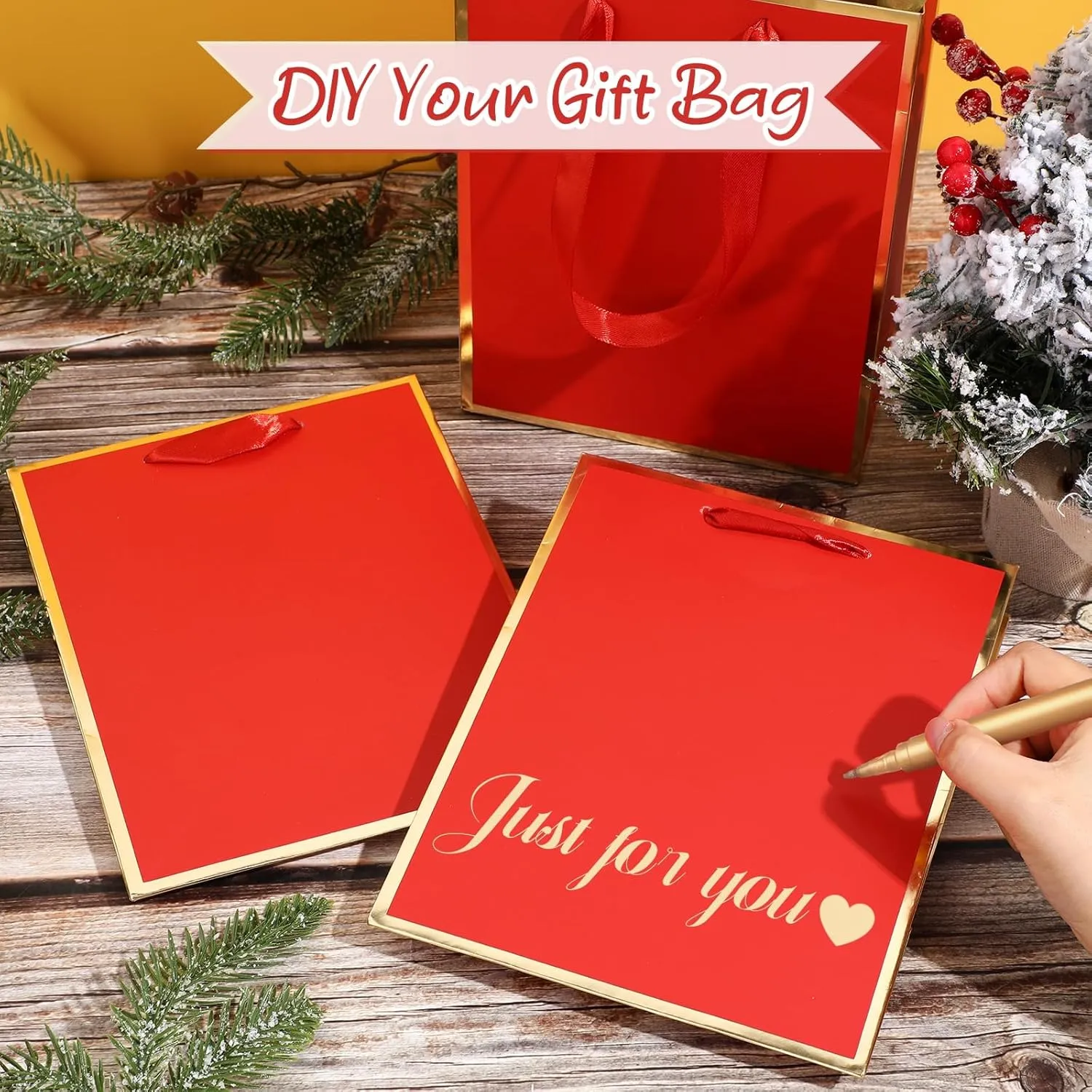 Yeaqee 24 Pack Metallic Paper Gift Bags with Handle and Tissue 9x7x3.1 Welcome Gift Thank You Bags for Wedding Bridal Shower Groomsmen Holidays Birthday Party(Red Gold)