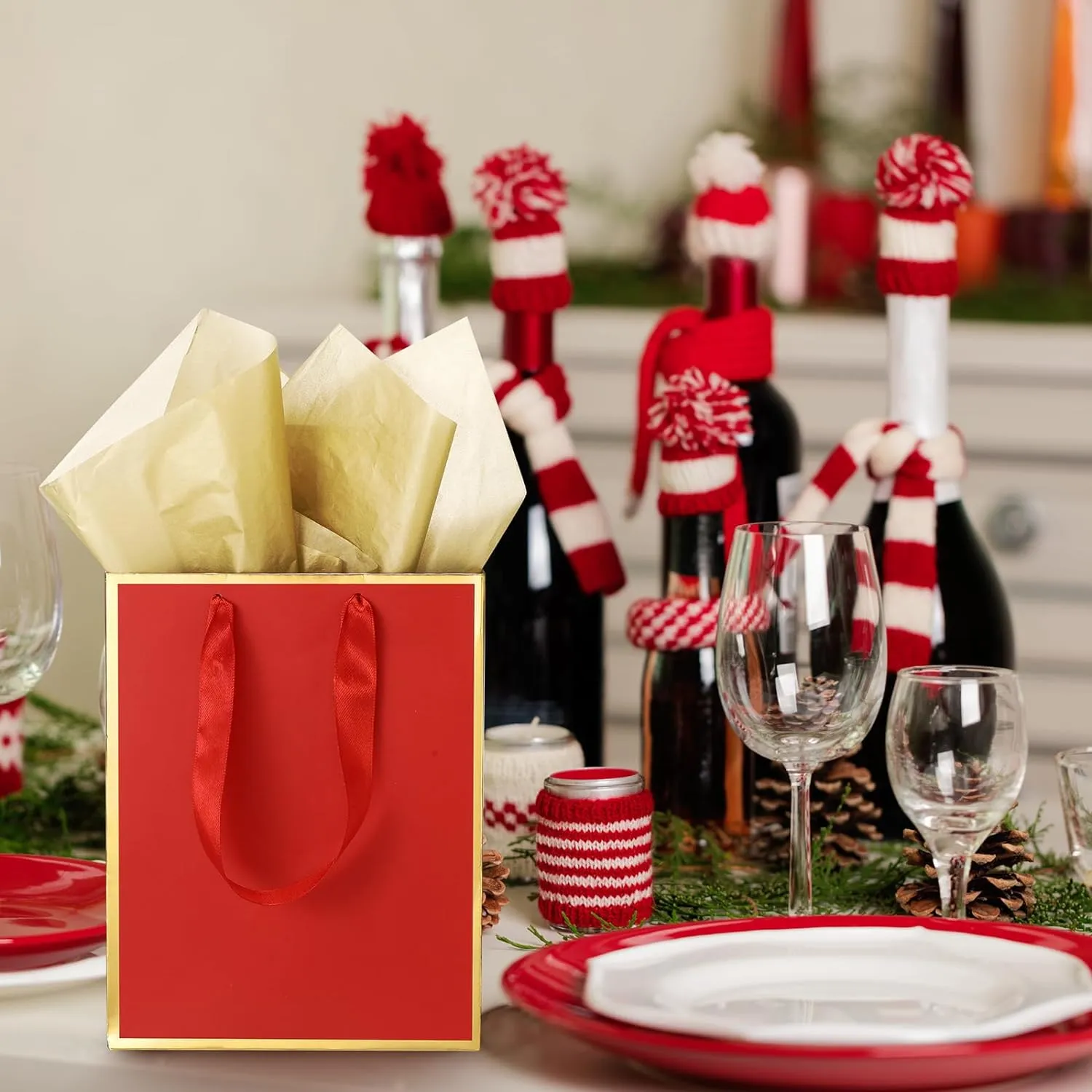 Yeaqee 24 Pack Metallic Paper Gift Bags with Handle and Tissue 9x7x3.1 Welcome Gift Thank You Bags for Wedding Bridal Shower Groomsmen Holidays Birthday Party(Red Gold)