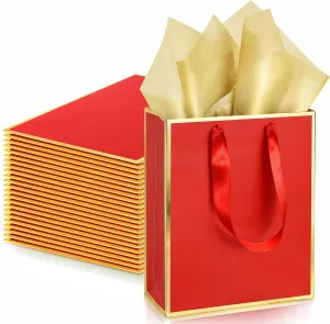 Yeaqee 24 Pack Metallic Paper Gift Bags with Handle and Tissue 9x7x3.1 Welcome Gift Thank You Bags for Wedding Bridal Shower Groomsmen Holidays Birthday Party(Red Gold)