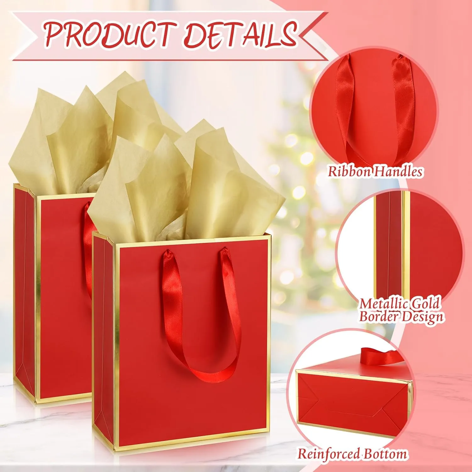 Yeaqee 24 Pack Metallic Paper Gift Bags with Handle and Tissue 9x7x3.1 Welcome Gift Thank You Bags for Wedding Bridal Shower Groomsmen Holidays Birthday Party(Red Gold)