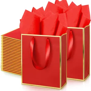 Yeaqee 50 Pack Metallic Gift Bags with Handle and Tissue Paper for Wedding Graduation Holiday Bridesmaid Thank You 5 Senses Gift Bag for Her Him Birthday 9 x 7 x 3.15''(Red and Gold)