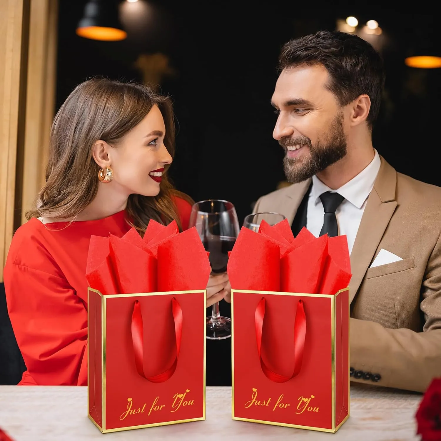 Yeaqee 50 Pack Metallic Gift Bags with Handle and Tissue Paper for Wedding Graduation Holiday Bridesmaid Thank You 5 Senses Gift Bag for Her Him Birthday 9 x 7 x 3.15''(Red and Gold)