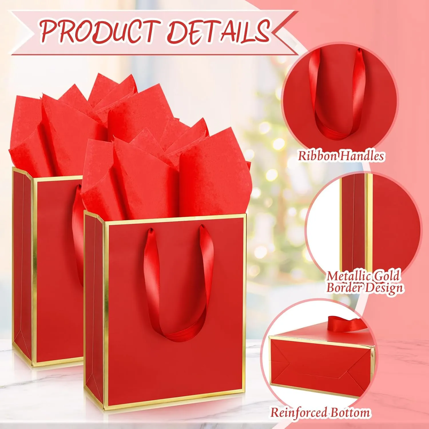 Yeaqee 50 Pack Metallic Gift Bags with Handle and Tissue Paper for Wedding Graduation Holiday Bridesmaid Thank You 5 Senses Gift Bag for Her Him Birthday 9 x 7 x 3.15''(Red and Gold)