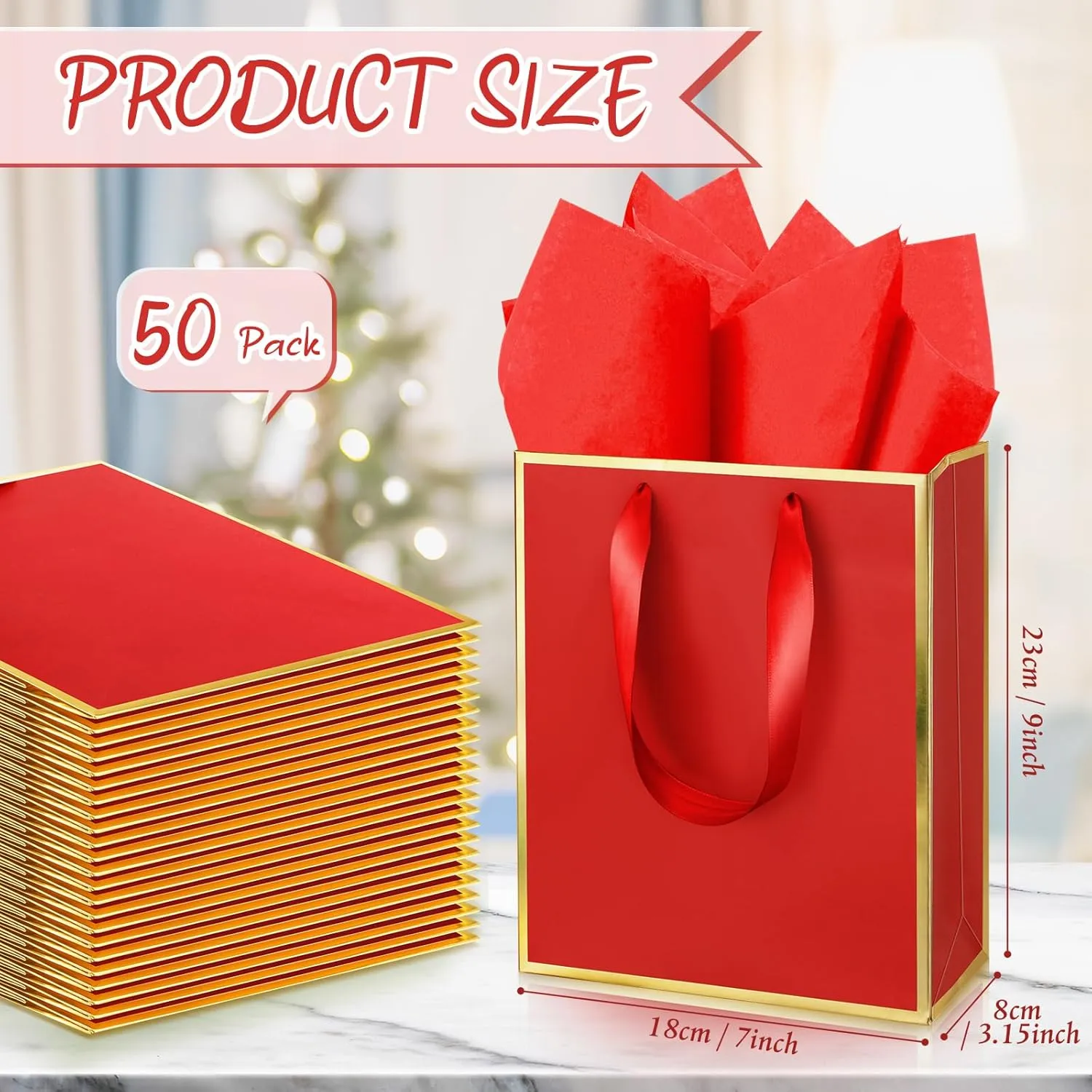 Yeaqee 50 Pack Metallic Gift Bags with Handle and Tissue Paper for Wedding Graduation Holiday Bridesmaid Thank You 5 Senses Gift Bag for Her Him Birthday 9 x 7 x 3.15''(Red and Gold)
