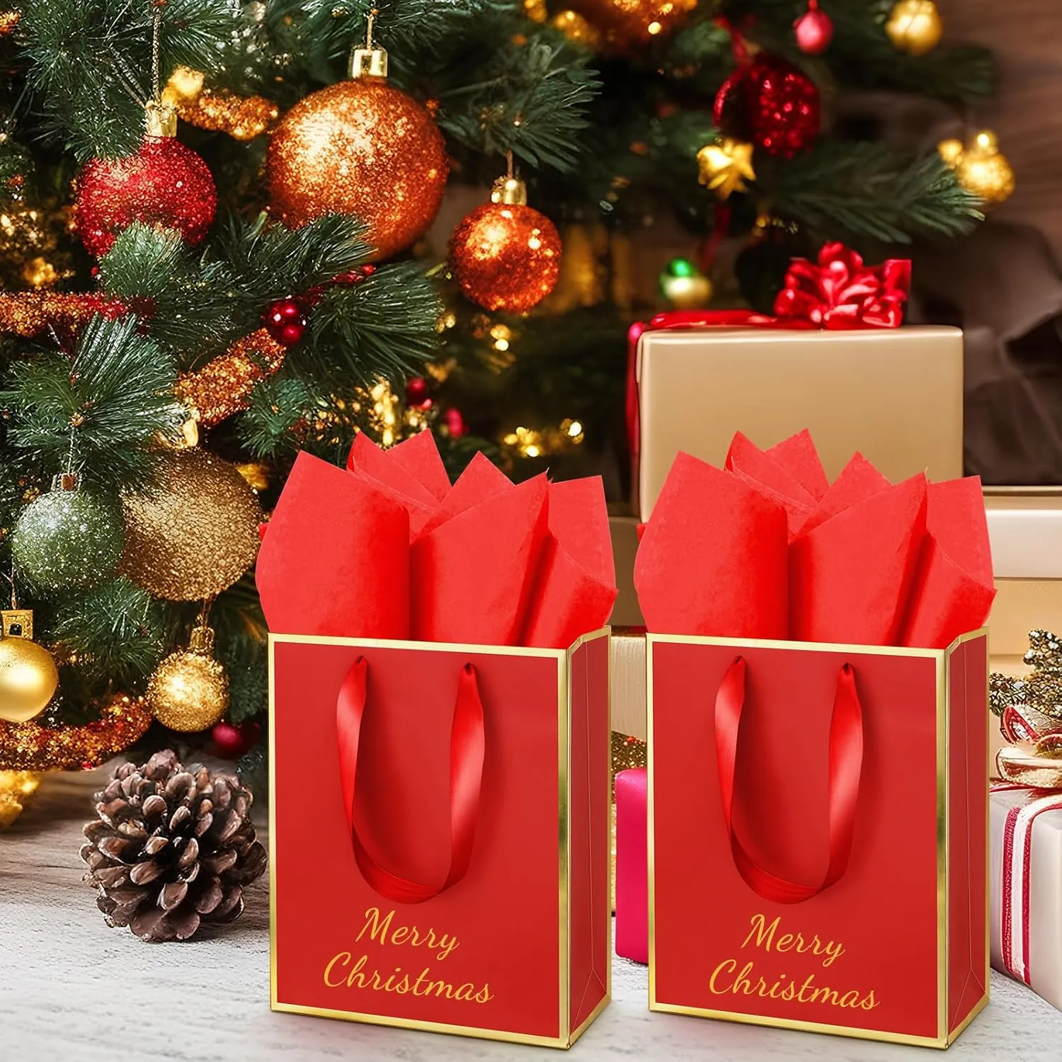 Yeaqee 50 Pack Metallic Gift Bags with Handle and Tissue Paper for Wedding Graduation Holiday Bridesmaid Thank You 5 Senses Gift Bag for Her Him Birthday 9 x 7 x 3.15''(Red and Gold)