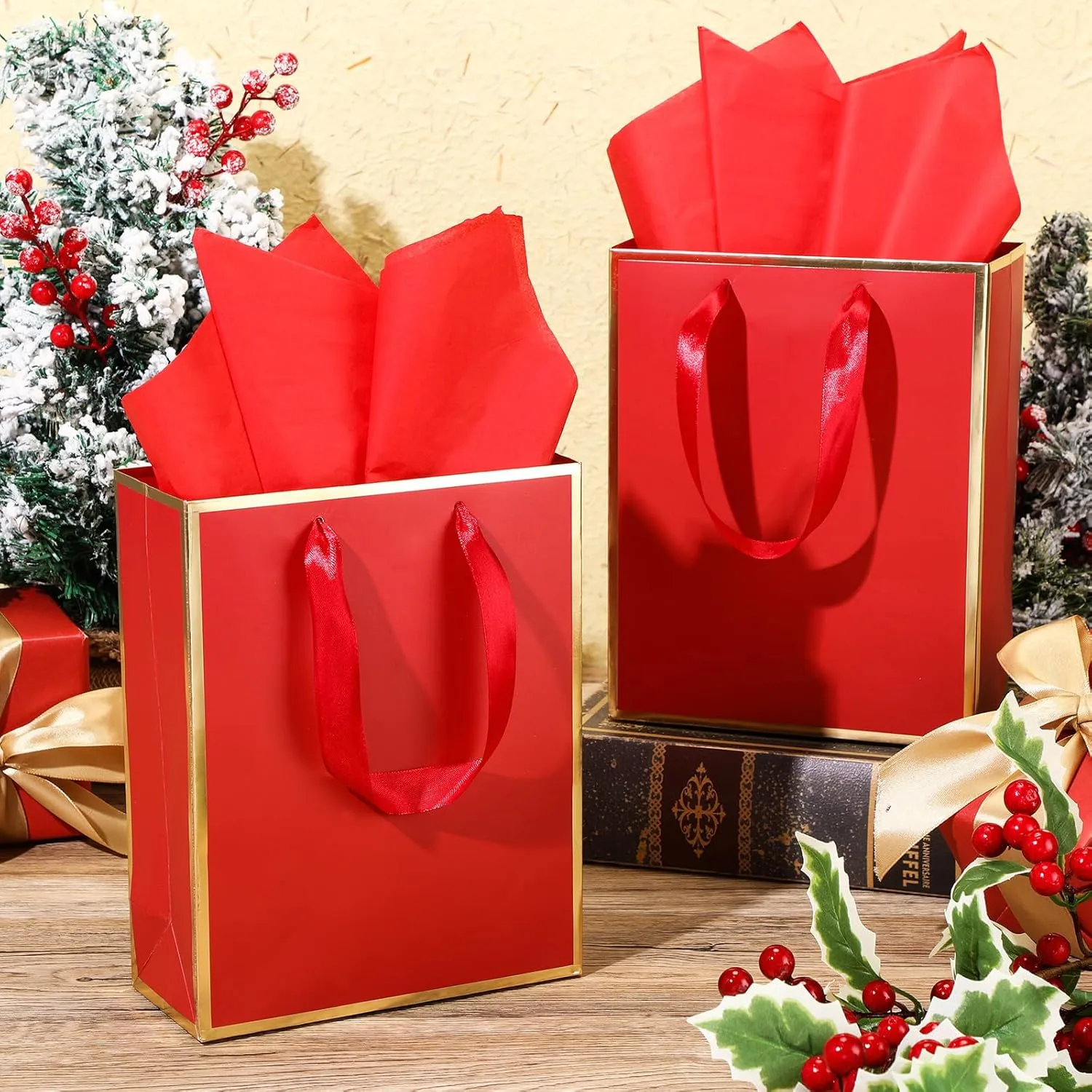 Yeaqee 50 Pack Metallic Gift Bags with Handle and Tissue Paper for Wedding Graduation Holiday Bridesmaid Thank You 5 Senses Gift Bag for Her Him Birthday 9 x 7 x 3.15''(Red and Gold)