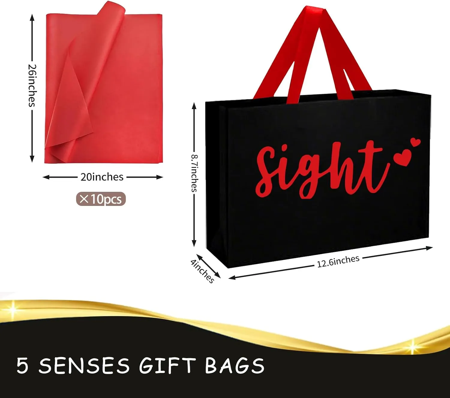 YIXAXKAO 5 Senses Gift Bags Five Senses Gift Bags with Tissue Paper Kraft Paper Bag with Ribbon Handles for Anniversary, Valentine's Day, Birthday for Him Husband Boyfriend (Red black)