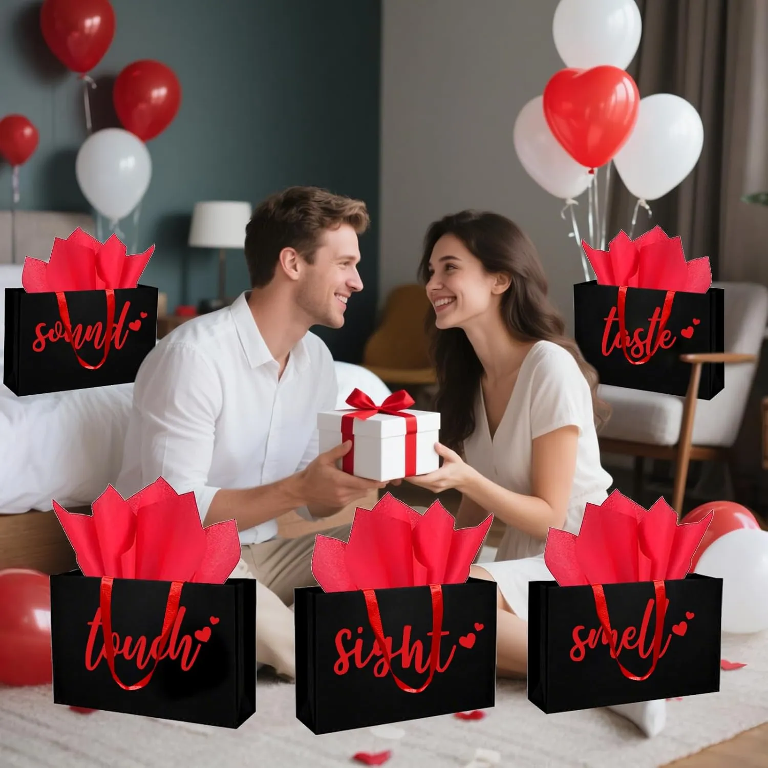 YIXAXKAO 5 Senses Gift Bags Five Senses Gift Bags with Tissue Paper Kraft Paper Bag with Ribbon Handles for Anniversary, Valentine's Day, Birthday for Him Husband Boyfriend (Red black)