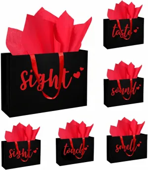 YIXAXKAO 5 Senses Gift Bags Five Senses Gift Bags with Tissue Paper Kraft Paper Bag with Ribbon Handles for Anniversary, Valentine's Day, Birthday for Him Husband Boyfriend (Red black)