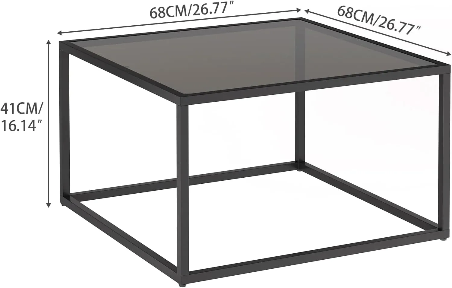 YMYNY Glass Coffee Table, Tempered Glass Square Coffee Tables with Metal Frame, Unique Modern Table for Living Room Home Office 26.77" x 26.77" x 15.75", Black, UHCT001B