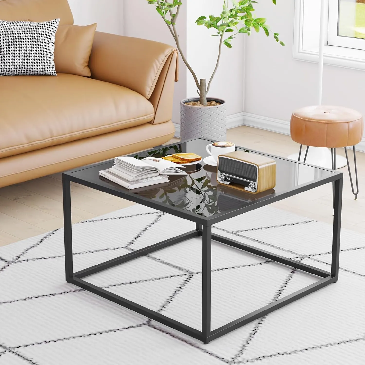 YMYNY Glass Coffee Table, Tempered Glass Square Coffee Tables with Metal Frame, Unique Modern Table for Living Room Home Office 26.77" x 26.77" x 15.75", Black, UHCT001B