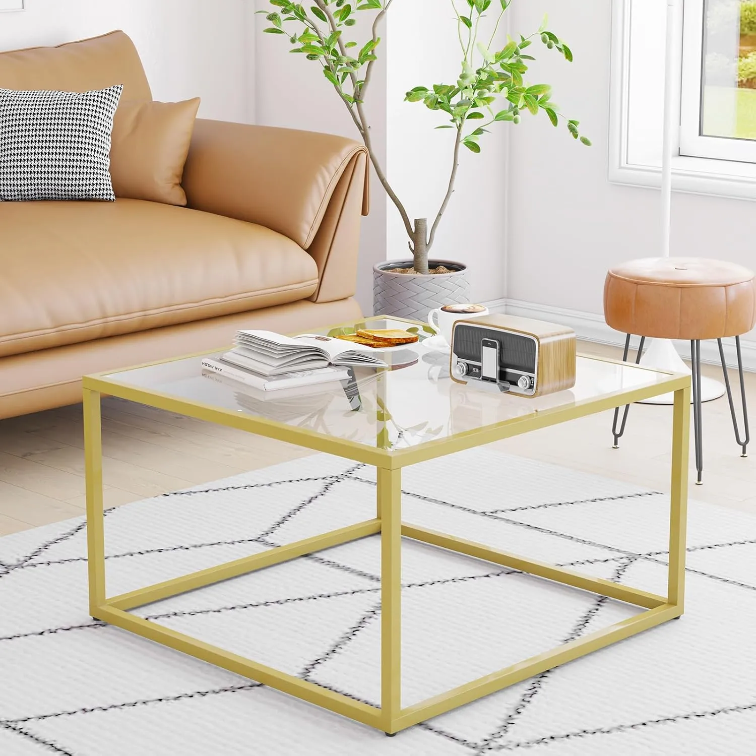 YMYNY Glass Coffee Table, Tempered Glass Square Coffee Tables with Metal Frame, Unique Modern Table for Living Room Home Office 26.77" x 26.77" x 15.75", Transparent, UHCT001G